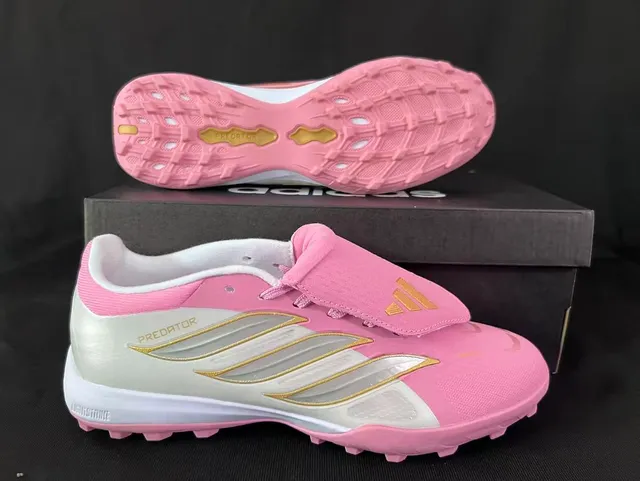 Adidas Predator Pink Gold Sin cordones Cierre de correa Panel lateral Iridiscente Blanco Turf Zapatillas de fútbol 9