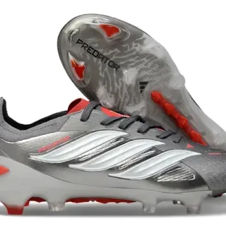 Adidas Predator Silver Red Metallic Synthetic Upper Accent Detailing Firm-Ground Soccer Shoes