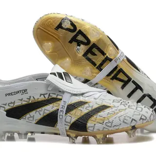 Adidas Predator White Black Laceless Strap Closure Translucent Gold Outsole Firm-Ground Soccer Shoes
