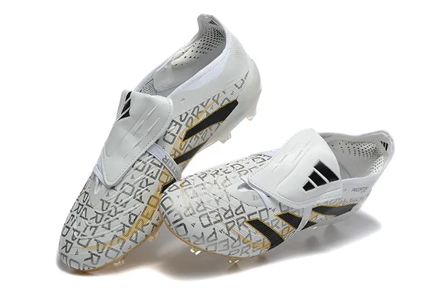 Adidas Predator White Black Laceless Strap Closure Translucent Gold Outsole Firm-Ground Soccer Shoes 3