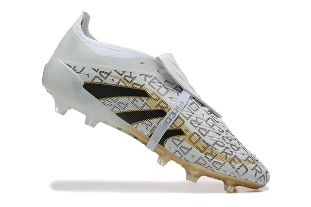 Adidas Predator White Black Laceless Strap Closure Translucent Gold Outsole Firm-Ground Soccer Shoes 4