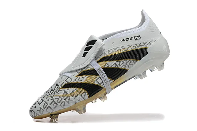 Adidas Predator White Black Laceless Strap Closure Translucent Gold Outsole Firm-Ground Soccer Shoes 5