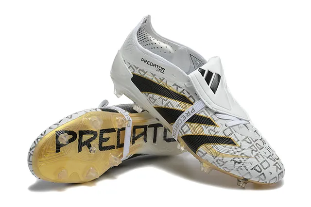 Adidas Predator White Black Laceless Strap Closure Translucent Gold Outsole Firm-Ground Soccer Shoes 6