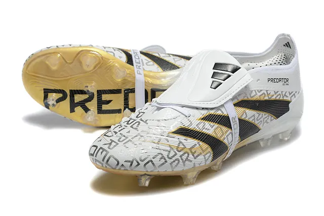 Adidas Predator White Black Laceless Strap Closure Translucent Gold Outsole Firm-Ground Soccer Shoes 7