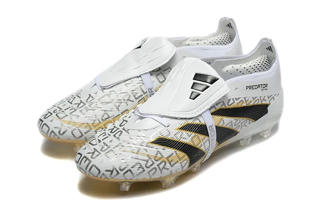 Adidas Predator White Black Laceless Strap Closure Translucent Gold Outsole Firm-Ground Soccer Shoes 8