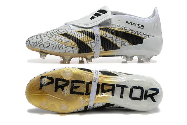 Adidas Predator White Black Laceless Strap Closure Translucent Gold Outsole Firm-Ground Soccer Shoes 9