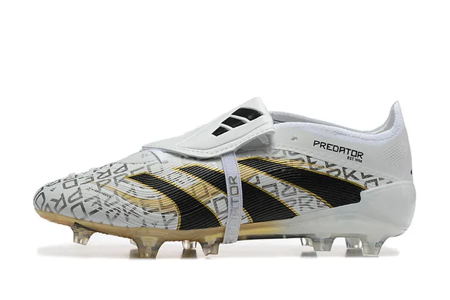 Adidas Predator White Black Laceless Strap Closure Translucent Gold Outsole Firm-Ground Soccer Shoes 10
