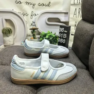 Adidas Samba Beige Blue Laceless Silhouette Three-Stripe Side Panel Mary Jane Shoes