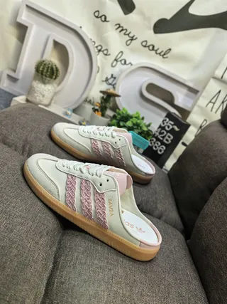 Adidas Samba Mule Off-White Pink Embroidered Stripes Loafers 7