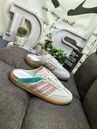 Adidas Samba Mule Off-White Pink Embroidered Stripes Loafers 9