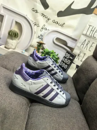 Adidas Superstar Gray and Purple Plaid-Lined Lifestyle Sneakers 9
