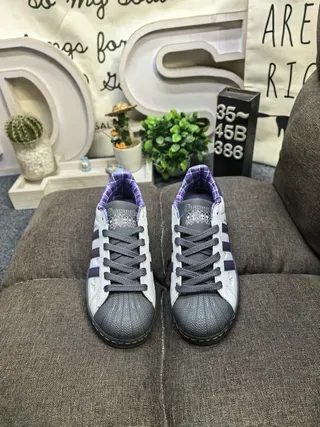 Adidas Superstar Gray and Purple Plaid-Lined Lifestyle Sneakers 10