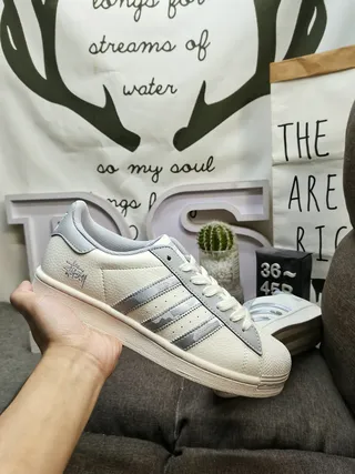 Adidas Superstar Stussy Collaboration Off-White and Gray Lifestyle Sneakers 5