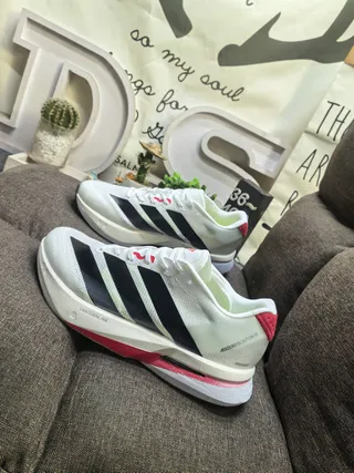 Adidas White Red Engineered Mesh Upper Three-Stripe Side Branding Running Shoes 7