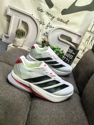 Adidas White Red Engineered Mesh Upper Three-Stripe Side Branding Running Shoes 9