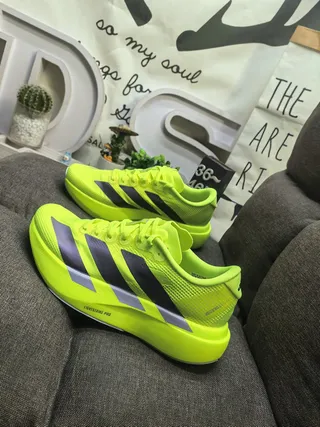 Adidas Yellow Gray Neon Mesh Upper Three-Stripe Side Panel Running Shoes 7
