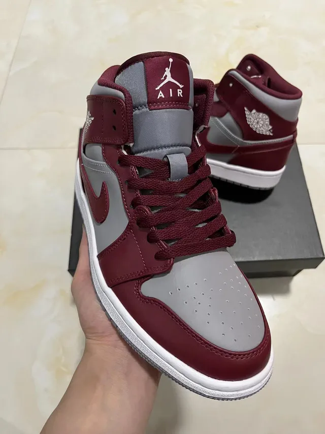 Air Jordan 1 Burgundy and Gray High-Top Basketball Shoes 2