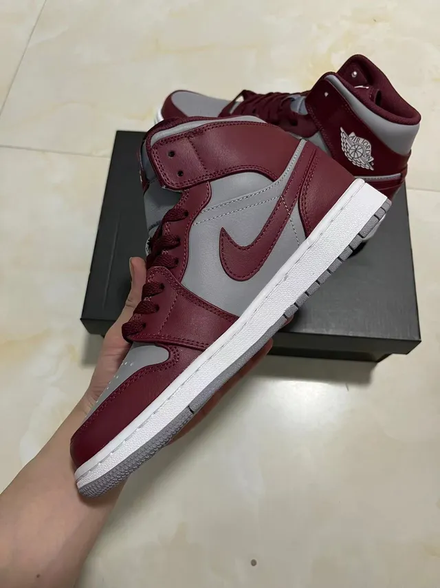 Air Jordan 1 Burgundy and Gray High-Top Basketball Shoes 3