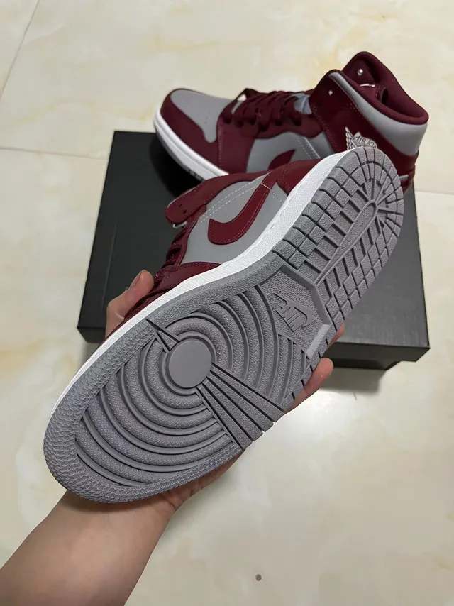 Air Jordan 1 Burgundy and Gray High-Top Basketball Shoes 4