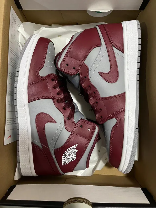Air Jordan 1 Burgundy and Gray High-Top Basketball Shoes 6