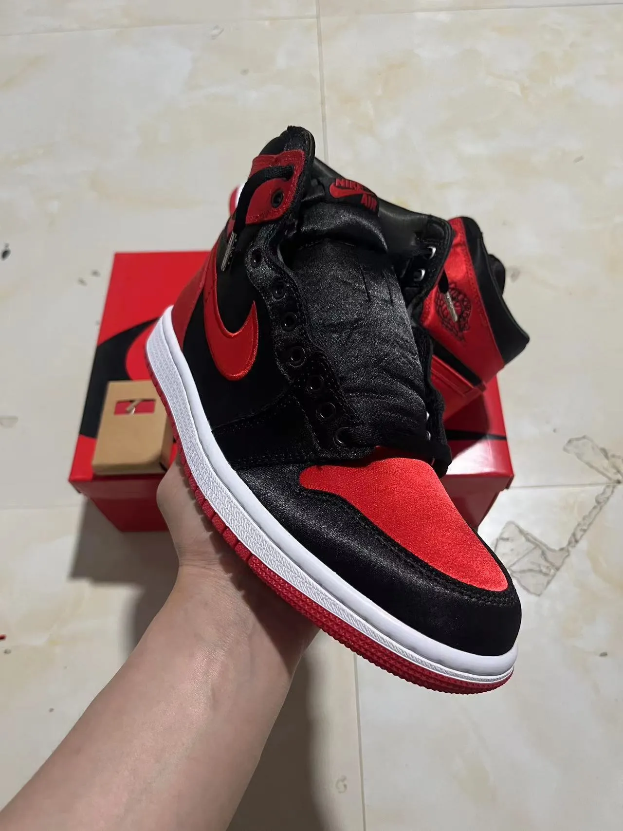 Air Jordan 1 High Black Red Satin Basketball Shoes 2