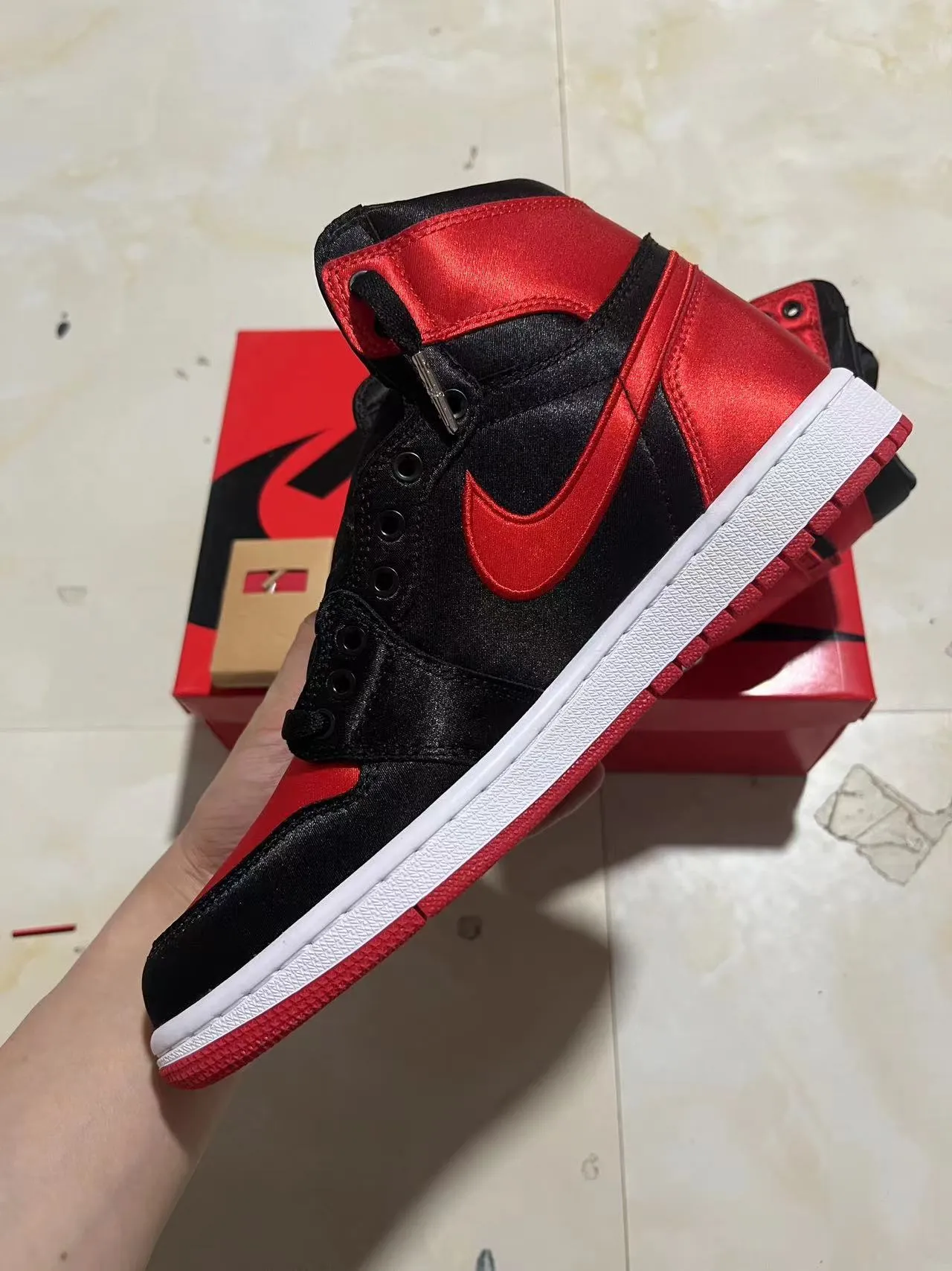 Air Jordan 1 High Black Red Satin Basketball Shoes 5