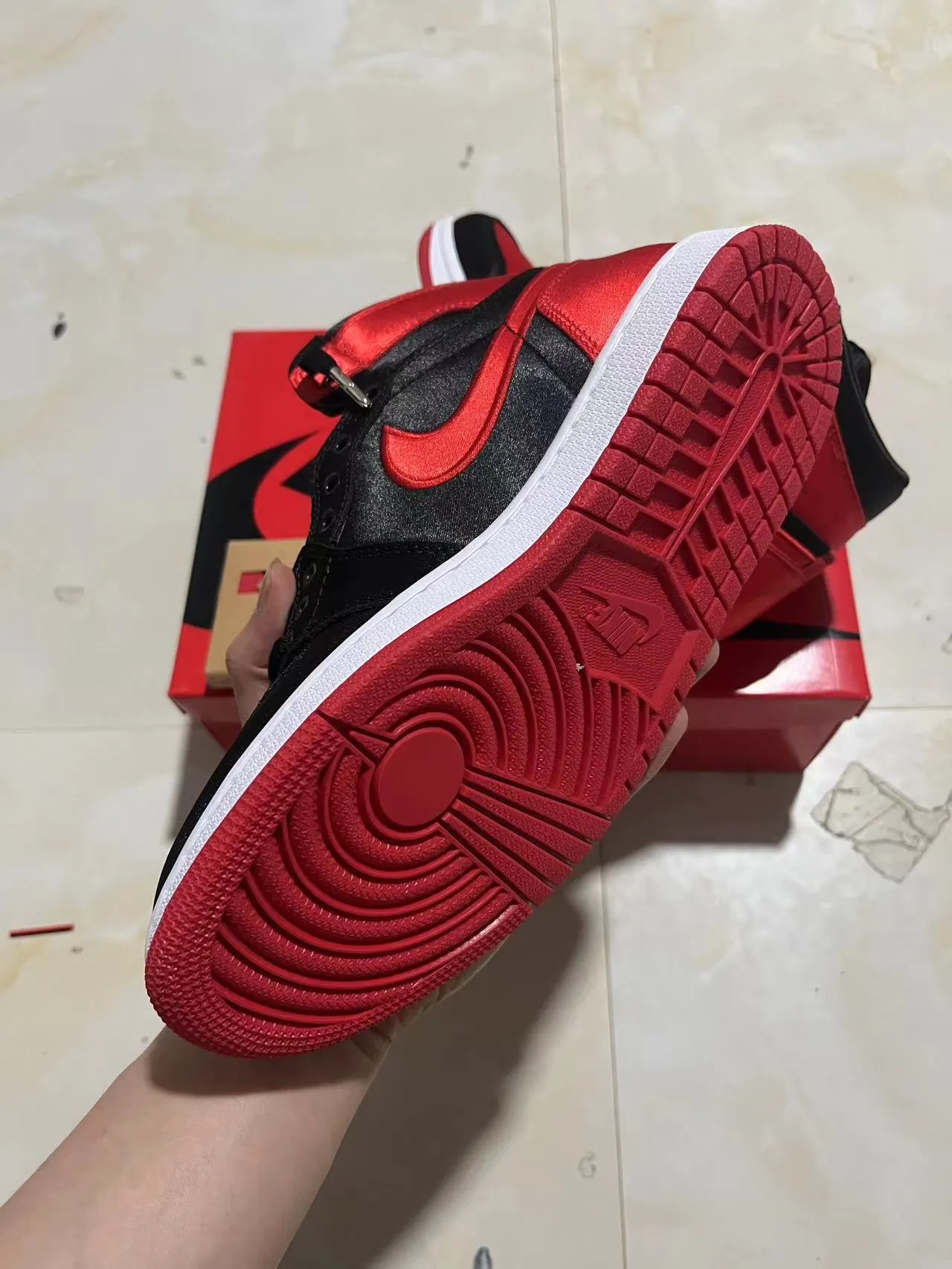 Air Jordan 1 High Black Red Satin Basketball Shoes 6
