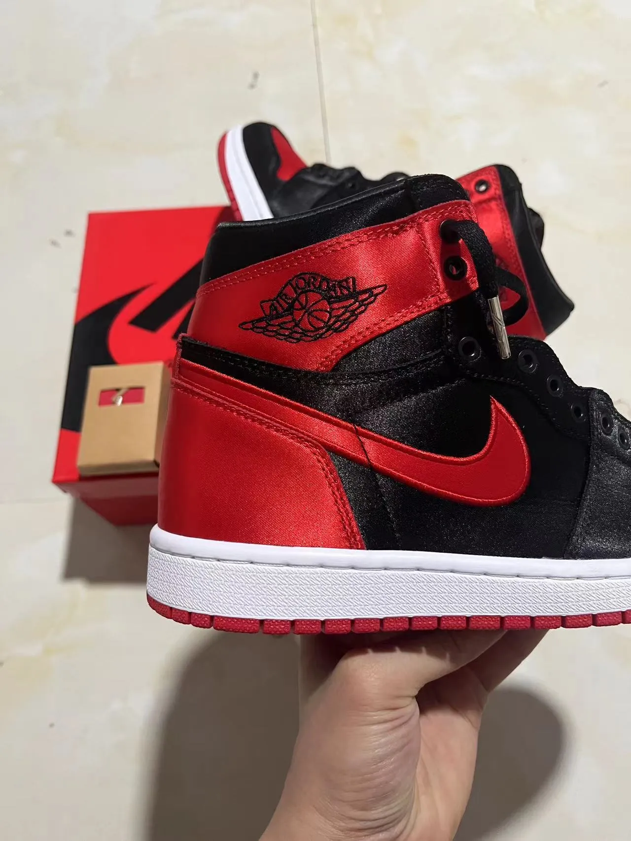 Air Jordan 1 High Black Red Satin Basketball Shoes 7