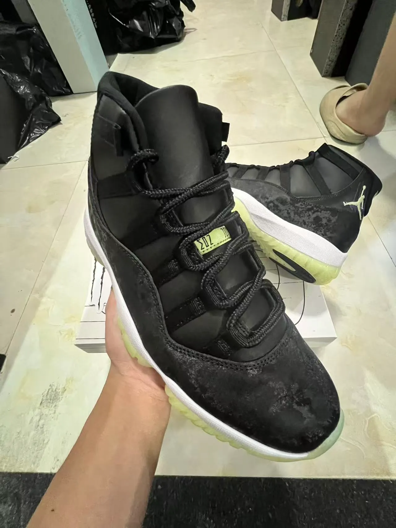 Air Jordan 11 Distressed Black White Lime Green Basketball Shoes 2