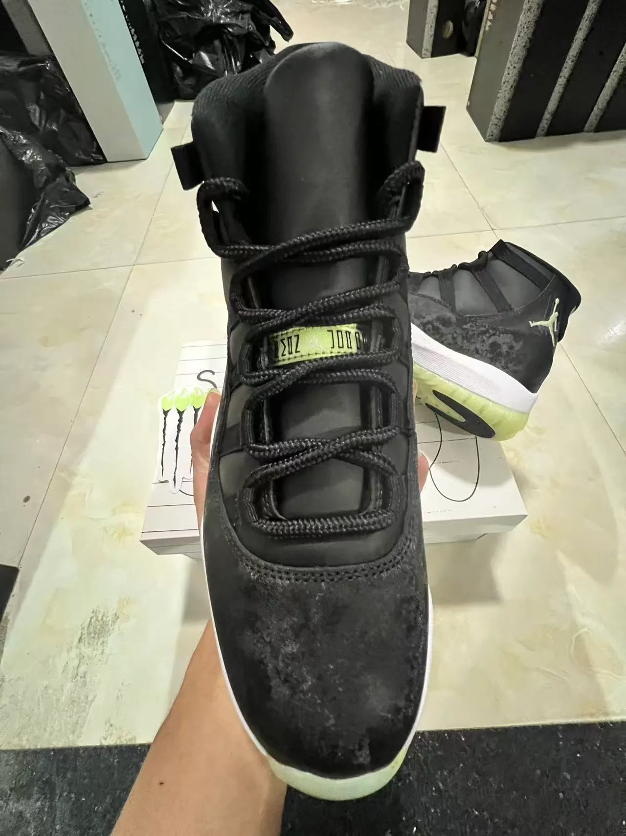 Air Jordan 11 Distressed Black White Lime Green Basketball Shoes 3