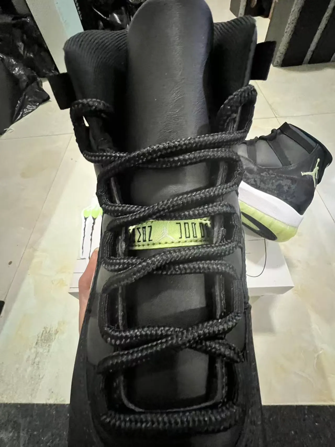 Air Jordan 11 Distressed Black White Lime Green Basketball Shoes 4