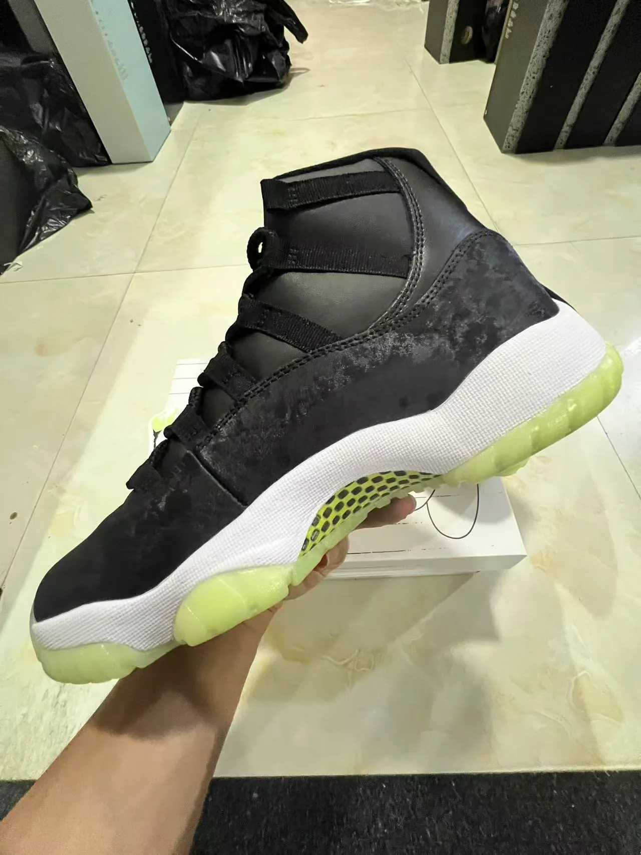 Air Jordan 11 Distressed Black White Lime Green Basketball Shoes 5