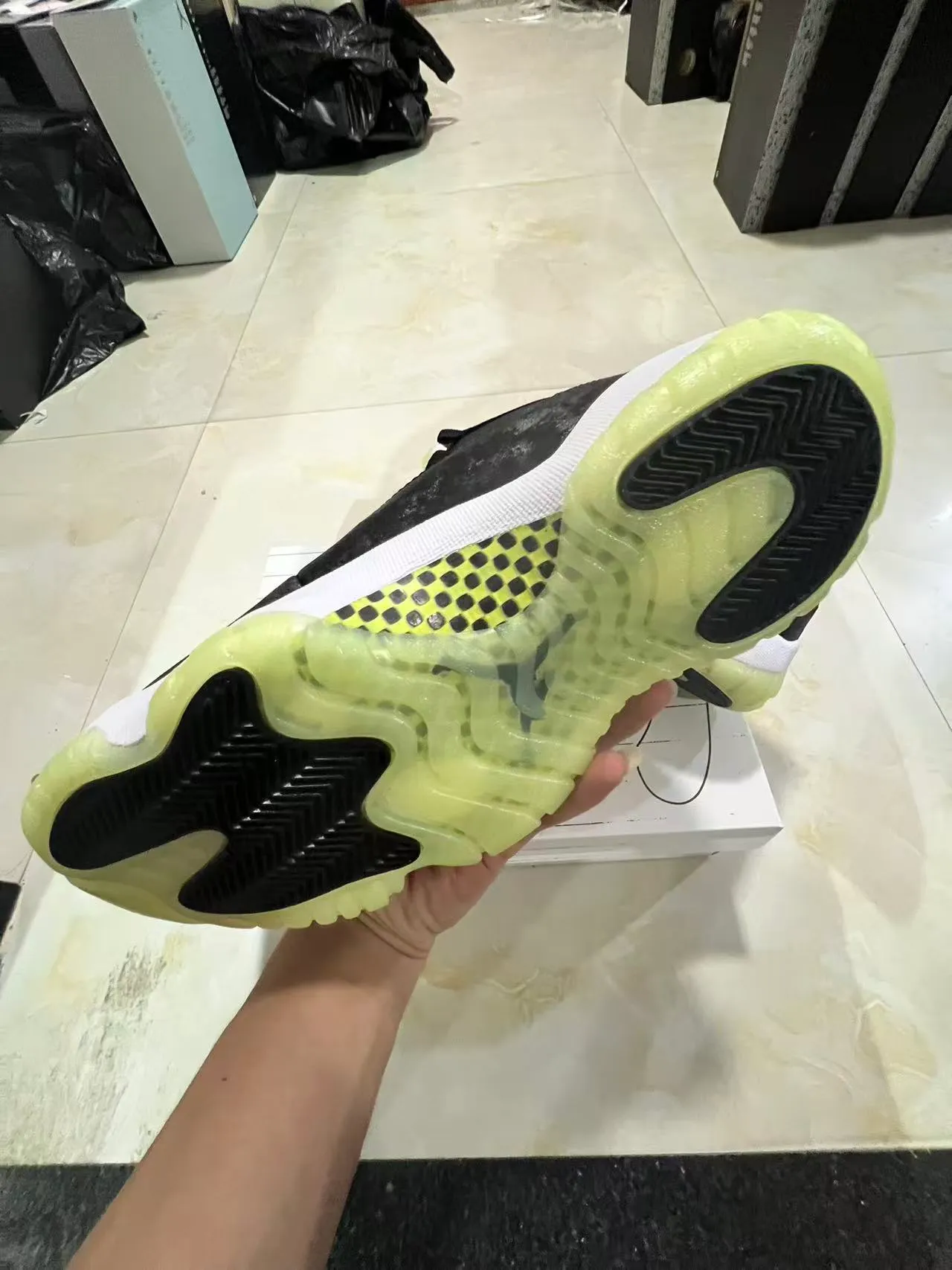 Air Jordan 11 Distressed Black White Lime Green Basketball Shoes 6