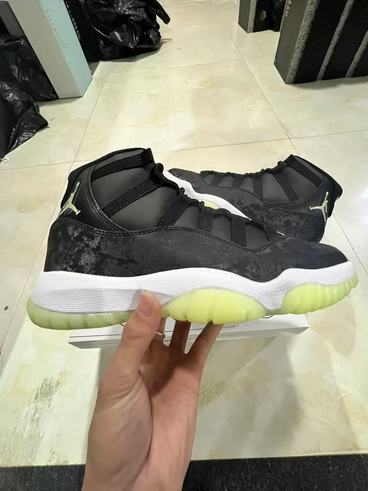 Air Jordan 11 Distressed Black White Lime Green Basketball Shoes 7