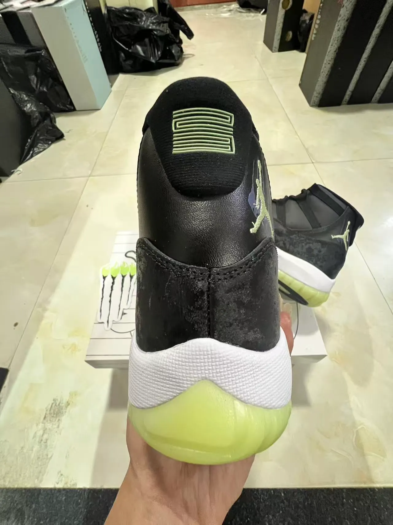 Air Jordan 11 Distressed Black White Lime Green Basketball Shoes 8