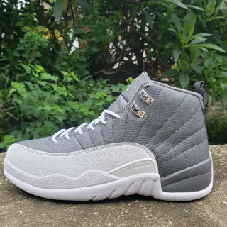 Air Jordan 12 Gray White Quilted Leather Upper Metallic Lace Locks Basketball Shoes