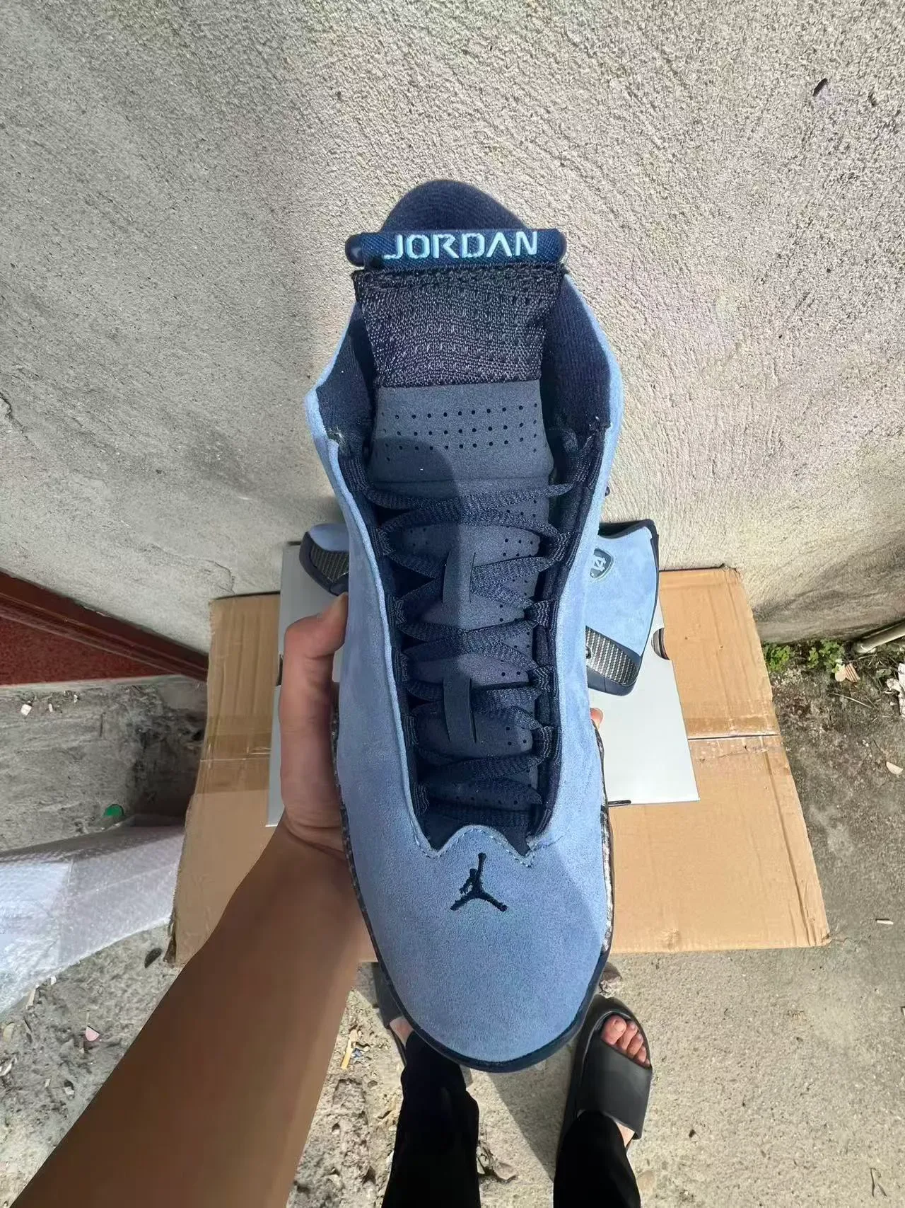 Air Jordan 14 UNC Chaussures de Basketball en Suede Bleu Clair Fibre de Carbone 3