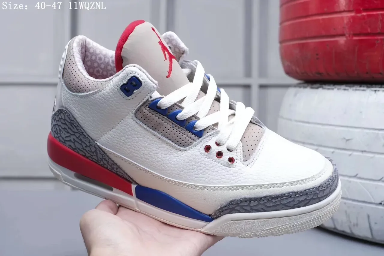 Air Jordan 3 Tênis de Basquete Branco Vermelho Azul Estampa de Elefante 4