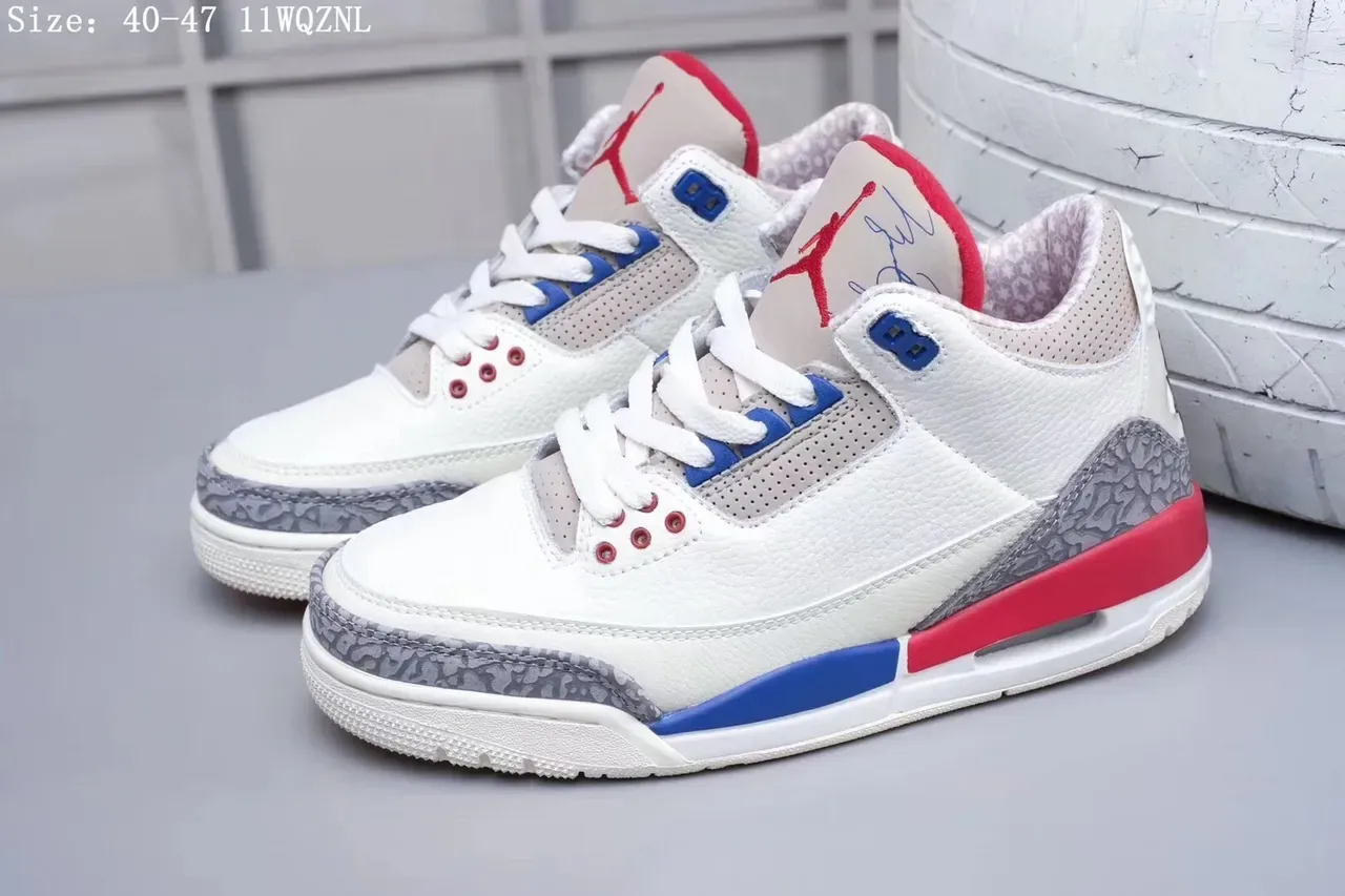 Air Jordan 3 Tênis de Basquete Branco Vermelho Azul Estampa de Elefante 6