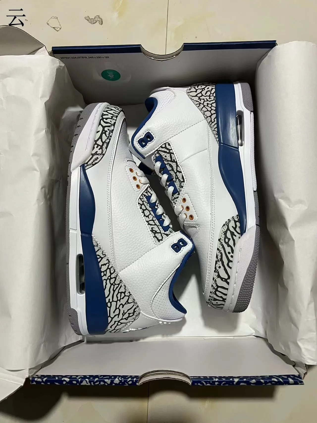 Tênis de basquete Air Jordan 3 branco e azul royal com estampa de elefante 10