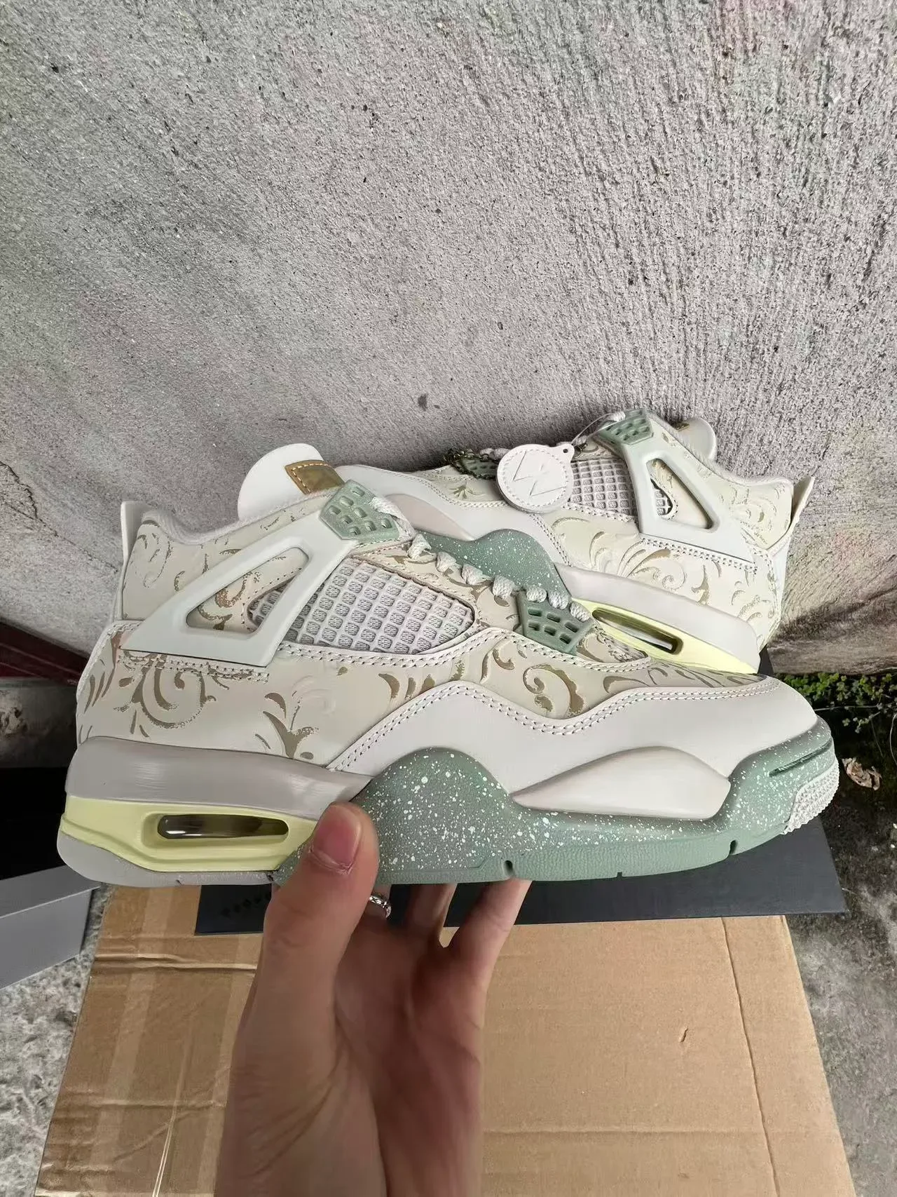 Air Jordan 4 Floral Print Off-White Sage Green Basketball Shoes 7
