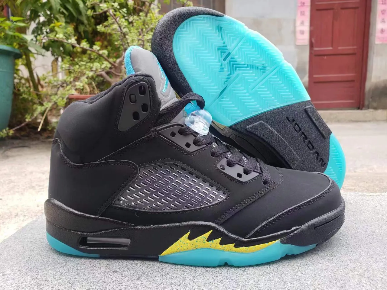 Air Jordan 5 Black Turquoise Yellow Flame Basketball Shoes 2