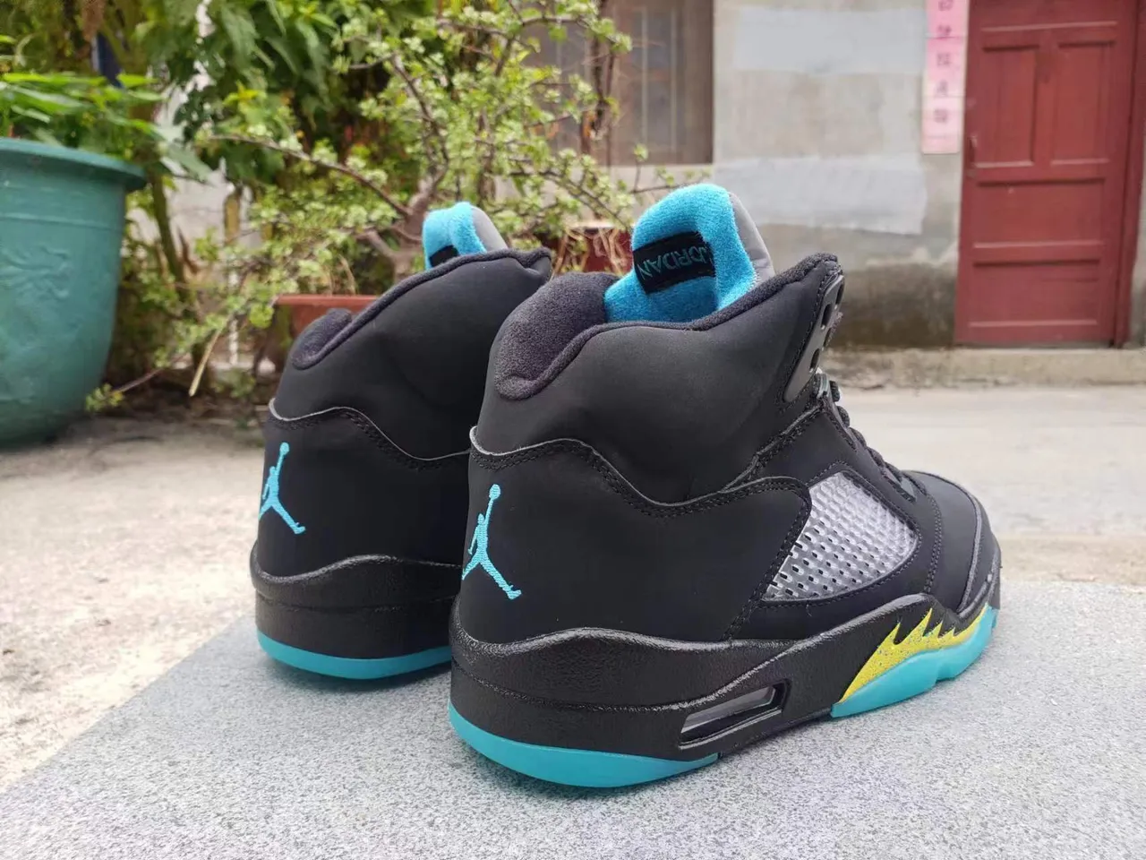 Air Jordan 5 Black Turquoise Yellow Flame Basketball Shoes 5