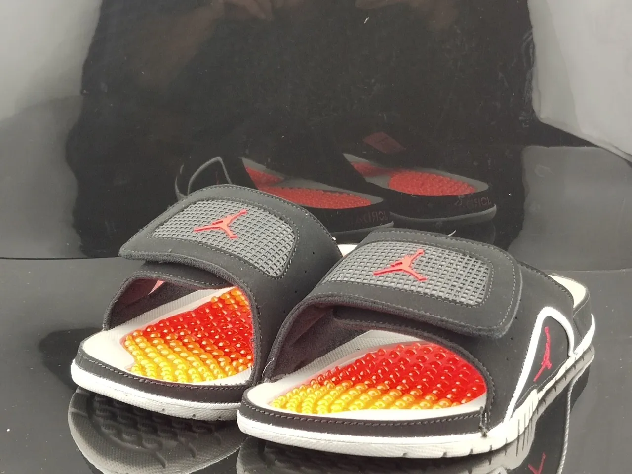 Air Jordan Black Orange Suede-Like Upper White Piping Trim Slippers 4