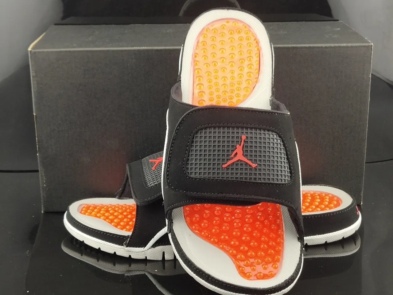 Air Jordan Black Orange Suede-Like Upper White Piping Trim Slippers 5