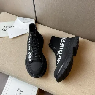 Alexander McQueen Black White Knit Upper Bold Side Logo Ankle Boots