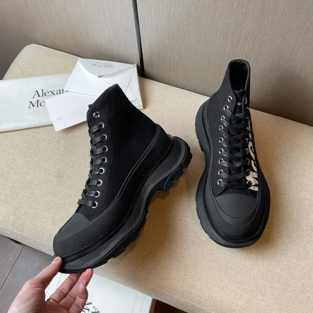 Alexander McQueen Black White Knit Upper Bold Side Logo Ankle Boots 2