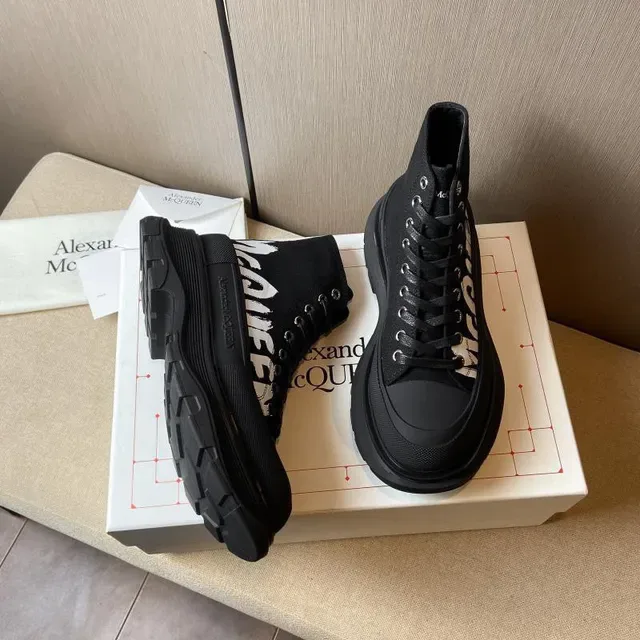 Alexander McQueen Black White Knit Upper Bold Side Logo Ankle Boots 3