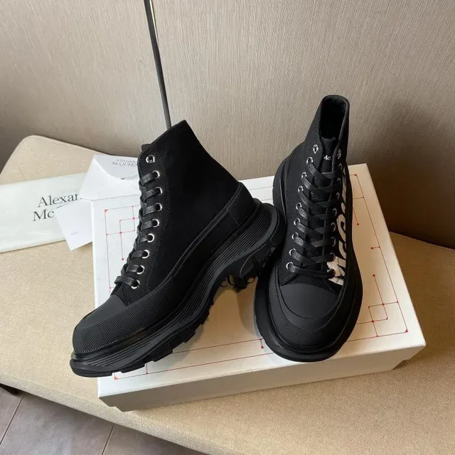 Alexander McQueen Black White Knit Upper Bold Side Logo Ankle Boots 4