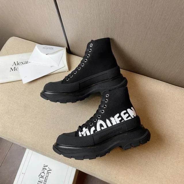 Alexander McQueen Black White Knit Upper Bold Side Logo Ankle Boots 6